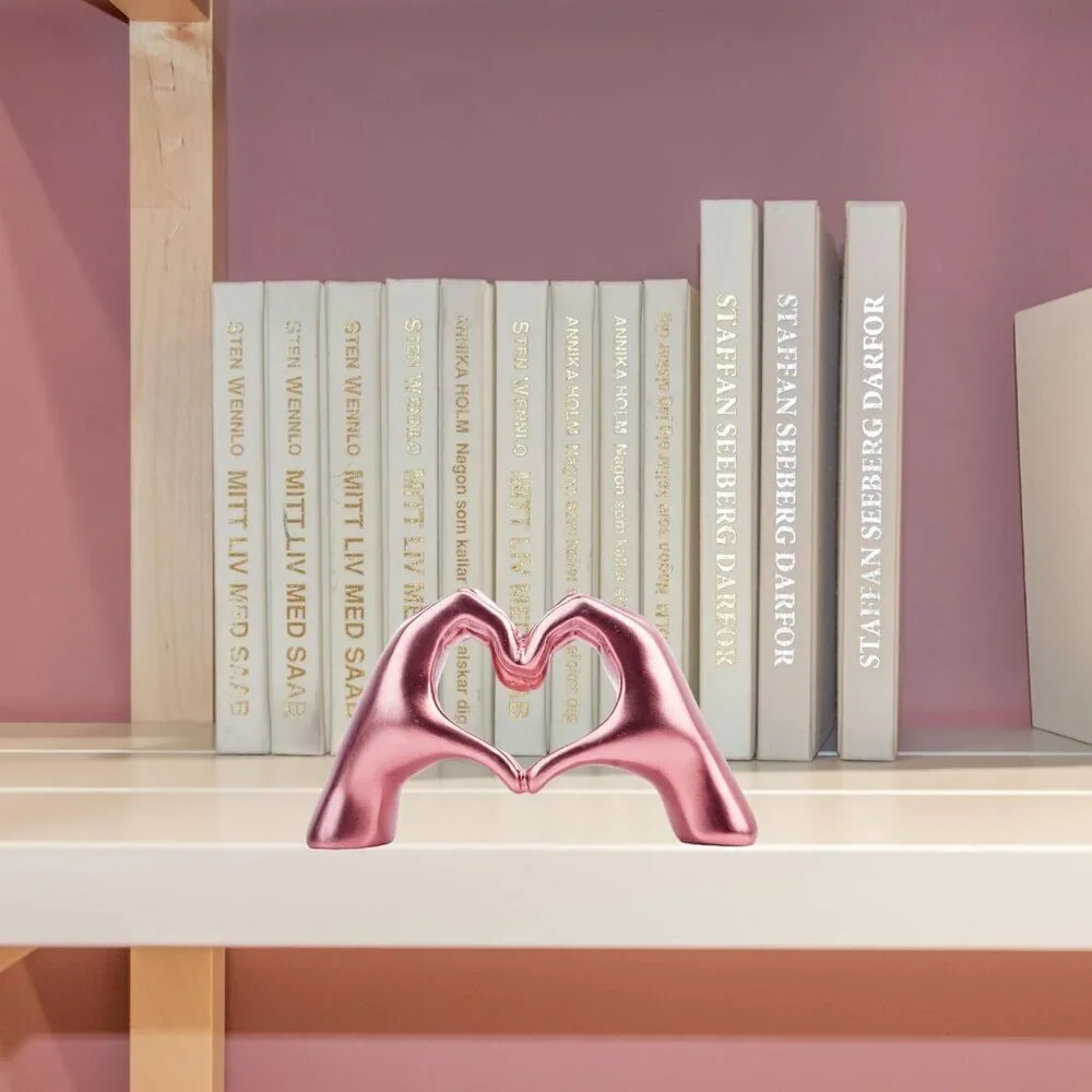 Small Shiny Pink Heart Hands Sculpture Decor for Living Room Bedroom Bookshelf